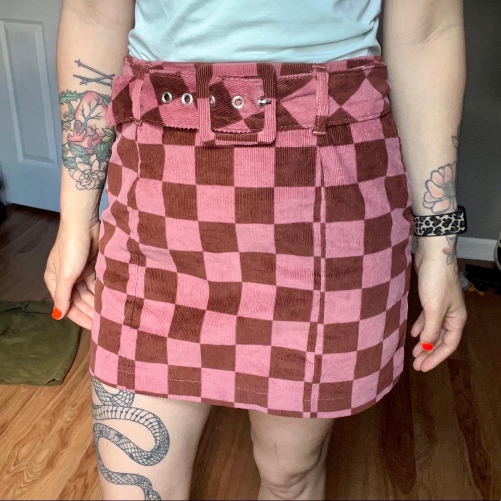 Pink checkerboard mini skirt w/ belt